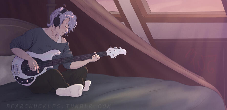 Original Character Jin de Riva playing bass guitar as a teen.