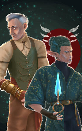 Dragon Age Veilguard character Emmrich and oc Rook Mors Mercar
