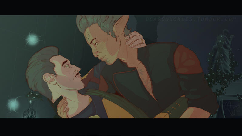 Dragon Age Veilguard characters Emmrich and oc Rook Mors Mercar